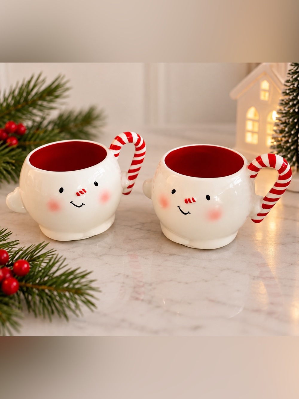 Set of 2 Snowman Ceramic Mugs with Candy Cane Handles